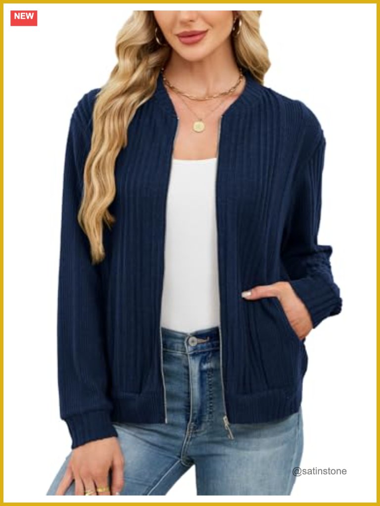 Women's Lightweight Full Zip Cardigan Sweater Long Sleeve With Pockets